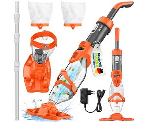 Aspirateur de piscine Tillvex orange/anthracite avec batterie et perche télescopique + filtre de rechange jusqu'à 15 m³ | Aspirateur de fond de piscine électrique | Nettoyeur de piscine avec filtre et