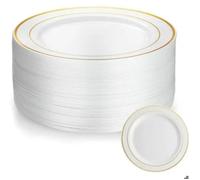 Assiette 18cm Assiette Plastique Reutilisable Avec Bordure Dorée Assiettes en Plastique Blanc Assiettes pour Mariages 100 Pièces