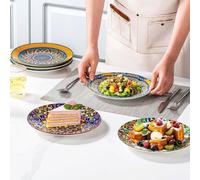 Assiette à salade en porcelaine, 21 cm, Assiette à petit déjeuner colorée, Assiette à dessert en céramique, Set de 6 petites assiettes rondes à motifs et colorées - style bohème.