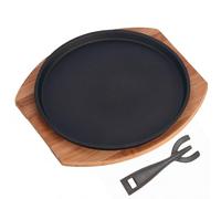 Assiette à steak avec base en bois Poêle à fajita ronde avec lève-assiette | Construction en fonte, répartition uniforme de la chaleur, pour usage domestique et commercial, multi-usage pour pizza