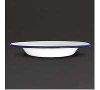 Olympia Assiettes creuses en acier émaillé 245 mm (lot de 6), blanches avec bord bleu, empilables, usage professionnel et domestique, passe au lave-vaisselle et au four, GM513