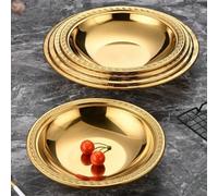 Assiette de dîner en acier inoxydable plaqué or avec bordure à motif grec en relief, bol rond profond pour soupe et salade, vaisselle de luxe pour banquets de mariage, rassemblements familiaux et déco