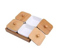 Assiette de service rectangulaire en céramique, plateau de service avec couvercle en bambou, assiette à dessert pour fête, apéritif, dîner (quatre compartiments avec couvercle)