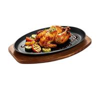 Assiette en fer, à steak en fonte, plateau ovale de 25,4 cm avec base en bois, de service en fer, de cuisson de style rustique, servir des aliments pour manger dans