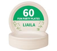 Assiette Jetable-60 assiette en carton, rondes, couleur bois naturel, diamètre 24 cm, peuvent être utilisées comme assiettes de fête ou assiettes à dîner-Vaisselle en canne à sucre durable,sans PLA/PE