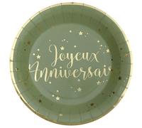 Assiette Joyeux Anniversaire en carton vert Olive/Sauge et dorée or métallisée (x10) REF/5670