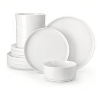 Assiettes de service complètes 12 pièces, bord semi-debout avec pieds hauts, 4 personnes - Blanc 4 assiettes : 26 cm x 2,7 cm.Assiette à dessert 4 pièces : 20,9 cm * 2 cmBol 4 pièces: 14,6 cm * 6,1 cm