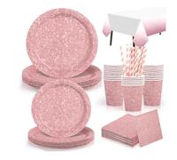 Assiettes Jetables Anniversaire Paillettes Or Rose, Vaisselles Jetables Rose Chatoyant, Gobelets Pailles Serviettes Nappe,16 Invités