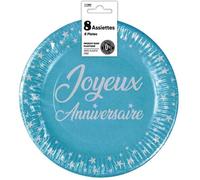 Assiettes jetables - Joyeux Anniversaire - 23 cm - Carton - 8 pièces - Couleur bleue