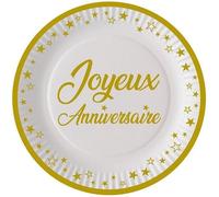 Assiettes jetables - Joyeux Anniversaire - 23 cm - Doré or mat - 2 lots de 8 - Carton