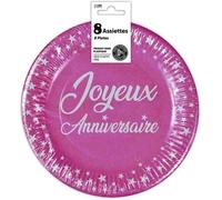 Assiettes jetables - Joyeux Anniversaire - 23 cm - Rose fuchsia - 8 pièces - Carton