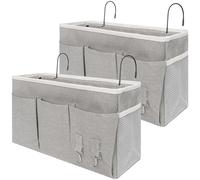 ASSRECT Lot de 2 Organisateur de Chevet Suspendu, Panier de Rangement Lit 35x13x20cm en Tissu Oxford Étanche, Poche de Lit avec Crochets et Poche Filet pour Dortoir, Chambre (Gris)
