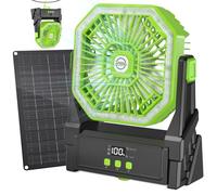 Astarama Ventilateur solaire de 10 000 mAh avec panneau solaire de 10 W et lumière, ventilateur à 4 vitesses à piles avec écran LED, minuterie, crochet de suspension et réglable à 180 °. Ventilateur