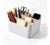 Astralong Organiseur de Bureau en Bambou à 5 Compartiments, Boite Rangement Bureau avec Porte-stylos, Range Telecommande TV pour Télécommande Smartphones Cosmétiques Crayons Petits Objets (Blanc)