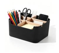 Astralong Organiseur de Bureau en Bambou à 5 Compartiments, Boite Rangement Bureau avec Porte-stylos, Range Telecommande TV pour Télécommande Smartphones Cosmétiques Crayons Petits Objets (Noir)