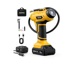 AstroAI Compresseur d'air 2 en 1 à cylindre métallique 20V batterie & 12V alimentation voiture Compresseur électrique portable sans fil 160PSI Pompe à air numérique pour voitures motos