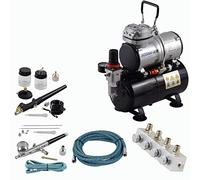 AT- Airbrush Kit complet professionnel XIII.1, avec compresseur avec 4 bars, 20 l/min et réservoir de 3 l + 2 pistolets Airbrush avec aiguilles/buses 0,2 0,3 0,5 0,8 mm + répartiteurs d'air comprimé quadruples réglables + 2 tuyaux + adaptateur