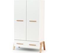 AT4 - Armoire enfant 2 portes en bois CANAILLE Blanc et Hêtre 108 x 53 x176 cm | 6 étagères dont 4 sont réglables en hauteur et une penderie