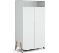 AT4 - Armoire enfant 2 portes en bois PIRATE Blanc et Hêtre 100 x 50 x 176 cm| 1 penderie et 6 étagères dont 4 réglables