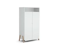AT4 - Armoire enfant 2 portes en bois PIRATE Blanc et Hêtre 100 x 50 x 176 cm| 1 penderie et 6 étagères dont 4 réglables