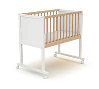 AT4 - Berceau en bois NIDO Blanc et Hêtre Verni 40 x 80 cm| 86 x 58,5 x 80 cm | Matelas inclus 40x80x5cm | 4 roues multidirectionnelles | Facile à déplacer