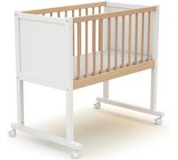 AT4 - Berceau en bois NIDO Blanc et Hêtre Verni 40 x 80 cm| 86 x 58,5 x 80 cm | Matelas inclus 40x80x5cm | 4 roues multidirectionnelles | Facile à déplacer