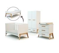 AT4 - Chambre bébé lit, commode à langer 3 Tiroirs + armoire en bois | Lit évolutif 70x140 | Armoire 6 étagères, dont 4 réglables, d'une penderie et d'un tiroir