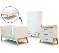 AT4 - Chambre bébé lit, commode à langer 3 Tiroirs + armoire en bois | Lit évolutif 70x140 | Armoire 6 étagères, dont 4 réglables, d'une penderie et d'un tiroir