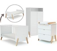 AT4 - Lit bébé évolutif, commode à langer et armoire Blanc Hêtre Verni Blanc et Hêtre Verni - Taille unique