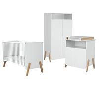 At4 Chambre bébé PIRATE – Lit 60x120, Armoire 6 étag. (4 régl.) & Plan à langer – Blanc/hêtre verni