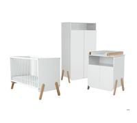 AT4 - Chambre PIRATE Blanc et Hêtre Verni | Lit bébé 60x120 | Armoire 6 étagères dont 4 réglables et une penderie | Plan à langer inclus