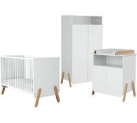 AT4 - Chambre PIRATE Blanc et Hêtre Verni | Lit bébé 60x120 | Armoire 6 étagères dont 4 réglables et une penderie | Plan à langer inclus