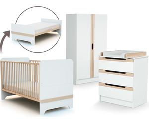 AT4 - Grande Chambre bébé complète évolutive CARROUSEL Blanc et Hêtre Verni