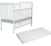 AT4 - Lit bébé coulissant en bois avec matelas ESSENTIEL Blanc 60 x 120 cm| Sommier réglable 3 hauteurs |4 roues multidirectionnelles avec frein