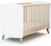 AT4 - Lit bébé en bois 60 x 120 cm SCANDINAVE Blanc et Hêtre| en Bois | Dès la naissance | Confort de sommeil | Sommier à lattes | Lit à barreaux |Sommier réglable 3 hauteurs