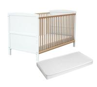 AT4 - Lit bébé évolutif avec matelas ESSENTIEL en bois 70 x 140 cm | 144 x 74 x 86,5 cm | Matelas 70x140 cm inclus | Sommier réglable 3 hauteurs (Blanc et Hêtre verni)