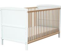 AT4 - Lit bébé évolutif en bois 70 x 140 LUNA Blanc et Hêtre Verni| 144 x 74 x 86,5 cm | Sommier à lattes réglable 3 hauteurs | Transformable en lit junior
