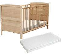 AT4 - Lit bébé évolutif en bois avec matelas LUNA Hêtre Verni 70 x 140 cm | Sommier à lattes réglable 3 hauteurs | Transformable en lit junior