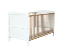 AT4 - Lit bébé évolutif en bois 70 x 140 LUNA Blanc et Hêtre Verni| 144 x 74 x 86,5 cm | Sommier à lattes réglable 3 hauteurs | Transformable en lit junior