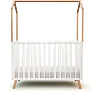 AT4 - Lit cabane bébé évolutif en bois KASA Blanc et Hêtre Verni 60 x 120 cm |125,5 x 64 x 81,5 cm | Lit évolutif junior | Sommier réglable 3 hauteurs | 100 % hêtre massif