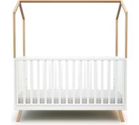 AT4 - Lit cabane bébé évolutif en bois KASA Blanc et Hêtre Verni 70 x 140 cm|146 x 74,5 x 162,5 cm | Lit transformable junior | Sommier réglable 3 hauteurs | 100% hêtre massif