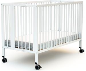 AT4 - Professional folding baby bed 60x120cm FLOW White | Solid wood | Sleep CONFORT | Slatted base | Easy storage | Mattress slot | Foldable | Childminder