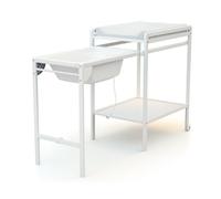 AT4 - Table à langer avec baignoire ESSENTIEL Blanc | Dimensions déplié (L x l x h) : 148 x 58 x 94 cm | Dimensions replié (L x l x h) : 76 x 58 x 94 cm | Table avec roulettes | Avec tuyau d'écoulemen