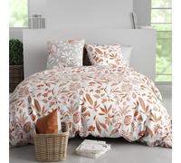 atelier du coton Parure Housse de Couette 2 Personnes 260x240 cm avec 2 Taies d'oreiller Imprimée Feuillage Blanc Orange Kaylie - Oeko-Tex® - 100% Coton