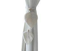 ATEUXOL Crochets De Rideaux TresséS BohèMes Embrasses de Rideau Style Boho, Tricot à la Main en Coton et Lin, embrasses réglables Perles Bois, Double Feuilles, Attache(White)