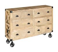 Atmosphera - Buffet sur roulettes Silas - Bois de Manguier - 150 x 105 cm - 6 Tiroirs, Style Industriel - pour Salon, Chambre, Meuble de Rangement