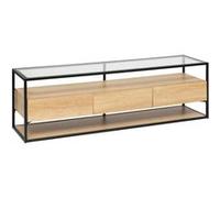 Atmosphera Créateur d'Intérieur - Meuble TV Rectangle 3 Tiroirs Aldea Beige Effet Bois Chêne Structure Noire Plateau Verre Trempé Salon, Bureau