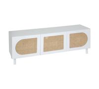 Atmosphera - Meuble TV Cabras Blanc et Rotin, 140 x 41,7 x 50 cm, 3 Portes - Style Scandinave pour Salon, Buffet Bas