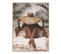 Atmosphera - Tableau Imprimé Eliane 58 x 78 cm, Cadre Effet Bois, Motif Femme au Chapeau - Décoration Murale Style Tropical pour Salon, Chambre