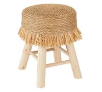 Atmosphera - Tabouret Bohème Gimpo - Beige - D 30 x H 40 cm - Pieds en Bois, Assise Tressée à Franges - pour Salon, Chambre, Entrée